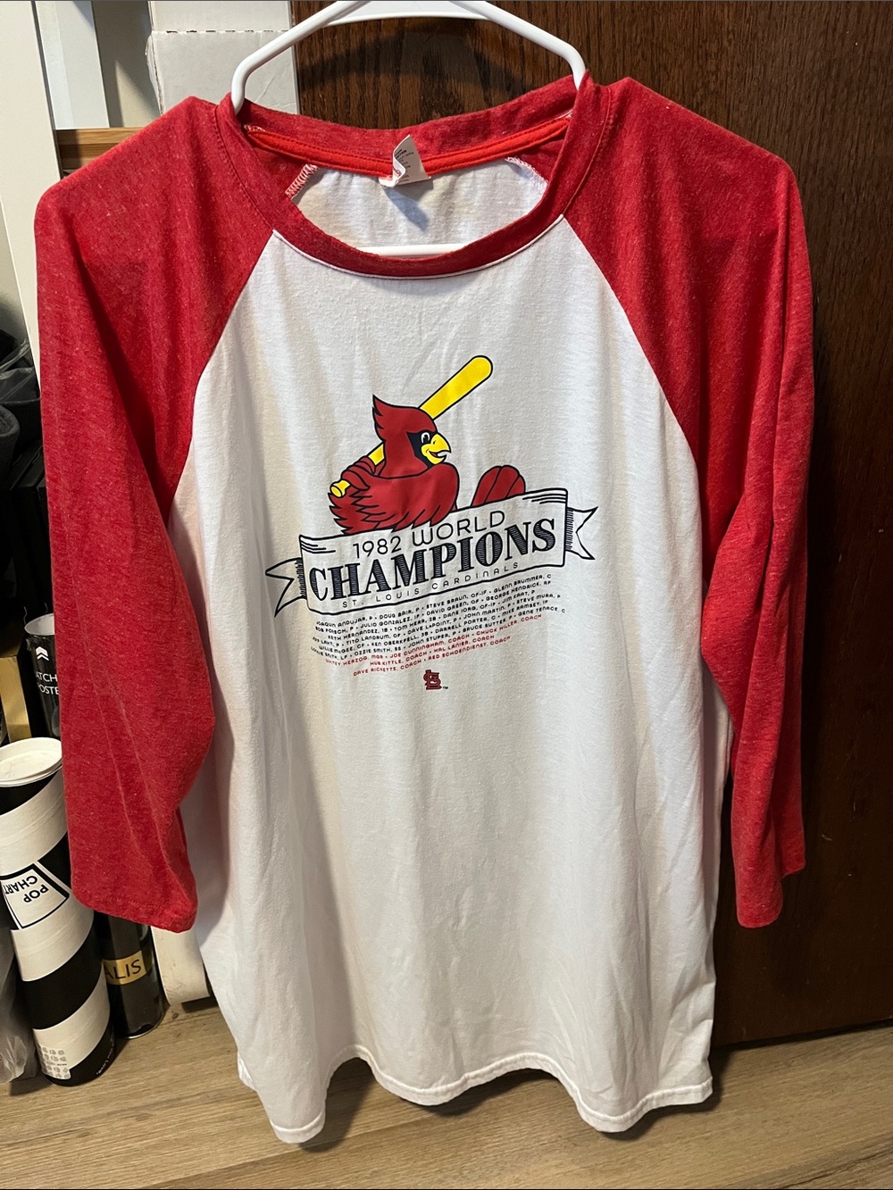 Stadium Athletics Red and White Raglan “1982 World Champions” Tee.